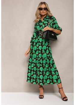 Zielono-Czarna Rozkloszowana Sukienka z Falbaną na Dole i Wzorem w Abstrakcyjne Róże Renaisse ze sklepu Renee odzież w kategorii Sukienki - zdjęcie 168977318