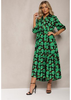 Zielono-Czarna Rozkloszowana Sukienka z Falbaną na Dole i Wzorem w Abstrakcyjne Róże Renaisse ze sklepu Renee odzież w kategorii Sukienki - zdjęcie 168977319