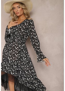 Czarna Rozkloszowana Sukienka Midi z Siateczką o Asymetrycznym Kroju Fovita ze sklepu Renee odzież w kategorii Sukienki - zdjęcie 168980856