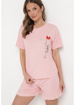 Różowy Komplet Piżamowy Koszulka z Nadrukiem i Szorty z Falbanką Sylvoria ze sklepu Born2be Odzież w kategorii Piżamy damskie - zdjęcie 168981045