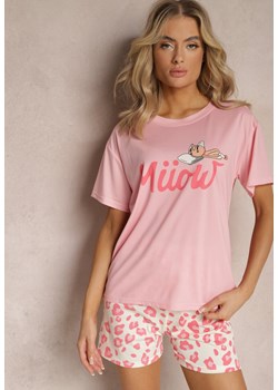 Jasnoróżowy Komplet Piżamowy T-shirt z Nadrukiem i Proste Spodnie w Cętki i Szorty Nirelsa ze sklepu Renee odzież w kategorii Piżamy damskie - zdjęcie 168988288