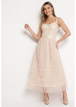 Jasnobeżowa Sukienka Maxi na Ramiączkach z Gorsetową Górą i Tiulowymi Falbanami Encartia ze sklepu Born2be Odzież w kategorii Sukienki - zdjęcie 168988539