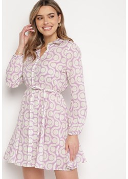 Fioletowo-Beżowa Bawełniana Sukienka Mini w Geometryczny Wzór Frenia ze sklepu Born2be Odzież w kategorii Sukienki - zdjęcie 168988629