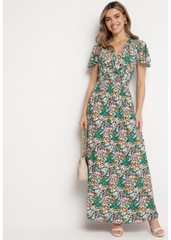 Zielono-Beżowa Sukienka Maxi z Wiskozy z Gumką w Pasie Ozdobiona Wzorem Nieregularne Kropki Jewellis ze sklepu Born2be Odzież w kategorii Sukienki - zdjęcie 168988688