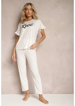 Jasnobeżowy 2-Częściowy Komplet Piżamowy Koszulka z Napisem i Proste Spodnie Niela ze sklepu Renee odzież w kategorii Piżamy damskie - zdjęcie 169101778