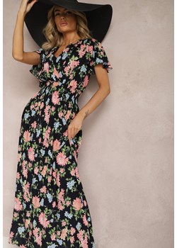 Granatowo-Różowa Maxi Sukienka w Kwiaty z Wiskozy o Rozkloszowanym Kroju z Kopertowym Dekoltem Brilva ze sklepu Renee odzież w kategorii Sukienki - zdjęcie 169101847