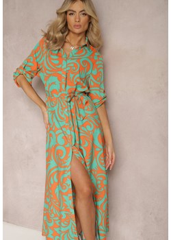 Zielono-Pomarańczowa Sukienka Koszulowa Maxi z Materiałowym Paskiem w Abstrakcyjny Print Lirans ze sklepu Renee odzież w kategorii Sukienki - zdjęcie 169101857
