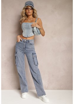 Jasnoniebieskie Szerokie Jeansy z Bawełny z Kieszeniami Typu Cargo Amiren ze sklepu Renee odzież w kategorii Jeansy damskie - zdjęcie 169101927