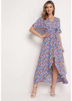 Niebiesko-Fioletowa Kwiatowa Sukienka Midi z Wiskozy Krótkim Rękawem i Paskiem Glowia ze sklepu Born2be Odzież w kategorii Sukienki - zdjęcie 169102255
