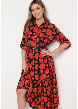 Czerwono-Czarna Rozkloszowana Sukienka Maxi w Abstrakcyjne Kwiaty z Guzikami Przy Dekolcie Millara ze sklepu Born2be Odzież w kategorii Sukienki - zdjęcie 169102297