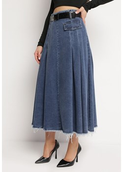 Granatowa  Jeansowa Spódnica o Rozkloszowanym Fasonie z Paskiem Firlana ze sklepu Born2be Odzież w kategorii Spódnice - zdjęcie 169138055