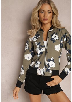 Ciemnozielona Bluza Bomberka ze Ściągaczami w Kwiaty Aliverra ze sklepu Renee odzież w kategorii Kurtki damskie - zdjęcie 169147368