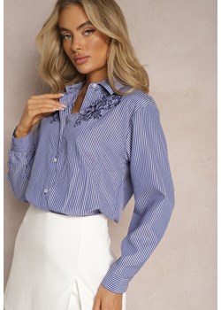 Granatowa Koszula Ozdobiona Ażurowym Haftem w Paski Ralline ze sklepu Renee odzież w kategorii Koszule damskie - zdjęcie 169147388