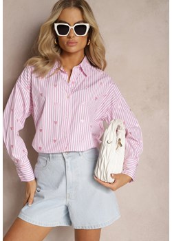 Różowa Bawełniana Koszula Ozdobiona Wzorem w Cienkie Paski i Serduszka Vatille ze sklepu Renee odzież w kategorii Koszule damskie - zdjęcie 169199717