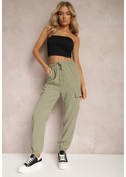 Zielone Letnie Spodnie Joggery z Lnu i Bawełny z Kieszeniami Cargo Alathnil ze sklepu Renee odzież w kategorii Spodnie damskie - zdjęcie 169199815