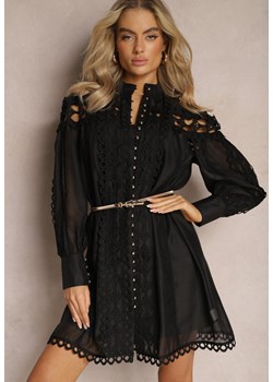Czarna Koszulowa Sukienka Mini z Paskiem Zdobiona Koronką Organdi ze sklepu Renee odzież w kategorii Sukienki - zdjęcie 169206579