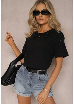 Czarny T-shirt z Bawełny z Koralikami Minalit ze sklepu Renee odzież w kategorii Bluzki damskie - zdjęcie 169206689