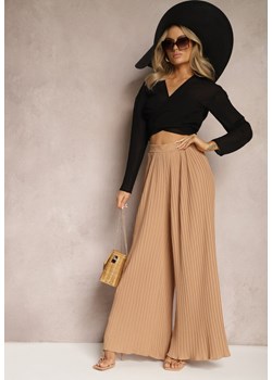 Beżowe Szerokie Spodnie z Plisami High Waist Mirealli ze sklepu Renee odzież w kategorii Spodnie damskie - zdjęcie 169206769