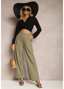 Zielone Szerokie Spodnie z Lnem z Gumką w Talii Airelttis ze sklepu Renee odzież w kategorii Spodnie damskie - zdjęcie 169206779