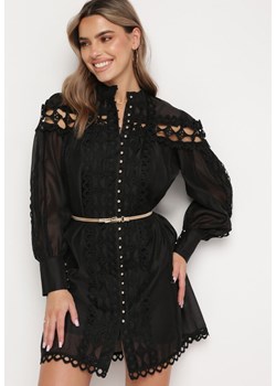 Czarna Koronkowa Sukienka Mini z Paskiem i Guzikami Nyloni ze sklepu Born2be Odzież w kategorii Sukienki - zdjęcie 169243908