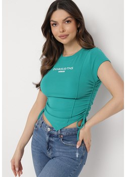 Zielony Wiskozowy T-shirt z Ozdobnym Napisem i Troczkiem po Bokach Brietta ze sklepu Born2be Odzież w kategorii Bluzki damskie - zdjęcie 169244428