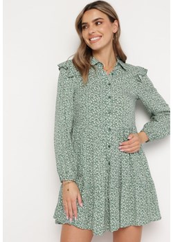 Zielona Rozkloszowana Sukienka Mini w Kwiaty z Falbankami na Ramionach Lorean ze sklepu Born2be Odzież w kategorii Sukienki - zdjęcie 169244496