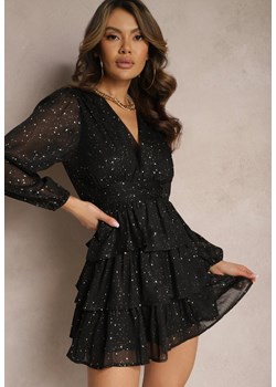 Czarna Rozkloszowana Sukienka Mini z Metalicznym Nadrukiem i Falbankami Enrilea ze sklepu Renee odzież w kategorii Sukienki - zdjęcie 169245215