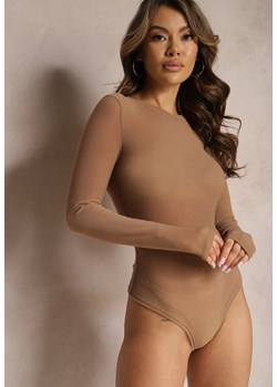 Beżowe Casualowe Body Dzianinowe z Długimi Rękawami Pavine ze sklepu Renee odzież w kategorii Bluzki damskie - zdjęcie 169245349