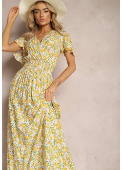 Biało-Żółta Rozkloszowana Sukienka Maxi z Wiskozy w Kwiaty z Kopertowym Dekoltem Tiantia ze sklepu Renee odzież w kategorii Sukienki - zdjęcie 169245575