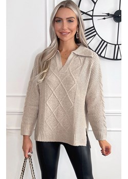 Beżowy sweter damski z kołnierzykiem AXS0225, Kolor beżowy, Rozmiar M/L, AX Paris ze sklepu Primodo w kategorii Swetry damskie - zdjęcie 169257435