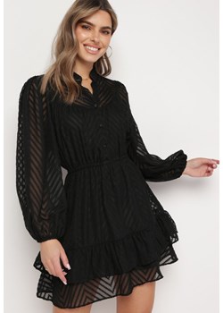 Czarna Rozkloszowana Sukienka Mini z Bufiastymi Rękawami i Falbanką Illathi ze sklepu Born2be Odzież w kategorii Sukienki - zdjęcie 169292277