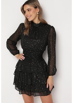 Czarna Elegancka Sukienka z Błyszczącymi Drobinkami i Falbankami Tinaria ze sklepu Born2be Odzież w kategorii Sukienki - zdjęcie 169317546