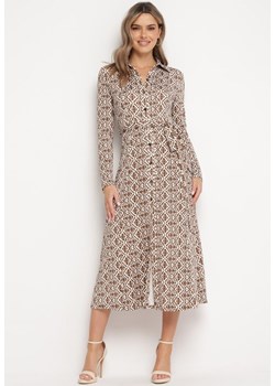 Beżowa Sukienka Koszulowa Midi z Wiązanym Paskiem i Mozaikowym Wzorem Ralisse ze sklepu Born2be Odzież w kategorii Sukienki - zdjęcie 169317648