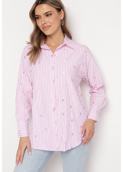 Różowa Bawełniana Koszula w Paski z Haftowanymi Sercami Larnieka ze sklepu Born2be Odzież w kategorii Koszule damskie - zdjęcie 169317666
