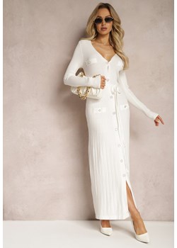 Biała Sweterkowa Sukienka Maxi na Guziki z Wiązanym Paskiem Onykis ze sklepu Renee odzież w kategorii Sukienki - zdjęcie 169321686