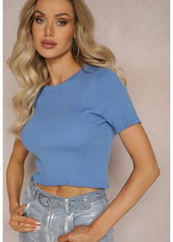 Niebieski T-shirt z Prążkowanej Dzianiny o Krótkim Kroju Poutia ze sklepu Renee odzież w kategorii Bluzki damskie - zdjęcie 169321706