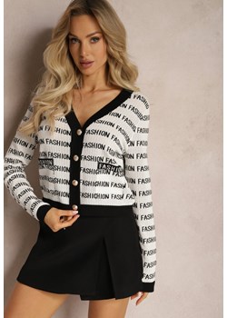 Biało-Czarny Krótki Kardigan z Napisami Fashion i Guzikami Winifa ze sklepu Renee odzież w kategorii Swetry damskie - zdjęcie 169321836