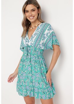 Zielona Wiskozowa Sukienka w Kwiatowy Wzór z Szerokimi Rękawami i Gumką w Pasie Elairssa ze sklepu Born2be Odzież w kategorii Sukienki - zdjęcie 169322789