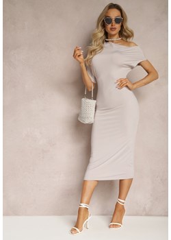 Jasnoszara Dopasowana Sukienka Midi o Asymetrycznym Kroju Lirevasse ze sklepu Renee odzież w kategorii Sukienki - zdjęcie 169374928