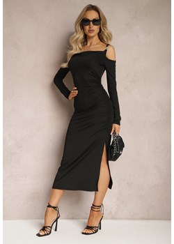 Czarna Sukienka Open Shoulder Ozdobiona Biżuteryjną Klamrą i Drapowaniem Velvia ze sklepu Renee odzież w kategorii Sukienki - zdjęcie 169374968