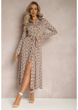 Beżowa Koszulowa Sukienka Ozdobiona Mozaikowym Wzorem Wiązana w Talii Liveres ze sklepu Renee odzież w kategorii Sukienki - zdjęcie 169374988