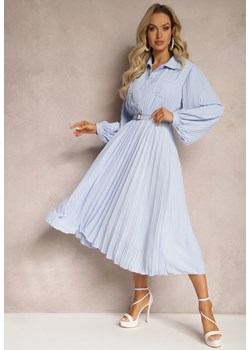 Niebieska Rozkloszowana Sukienka Midi z Guzikami i Paskiem Ozdobiona Plisowaniem Lathori ze sklepu Renee odzież w kategorii Sukienki - zdjęcie 169394909