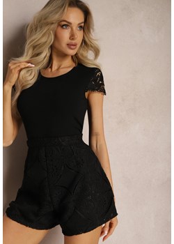 Czarny  Prążkowany Top z Koronkowymi Aplikacjami Velsia ze sklepu Renee odzież w kategorii Bluzki damskie - zdjęcie 169394959
