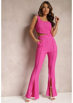 Różowy Prążkowany Komplet Top i Spodnie Dzwony Leria ze sklepu Renee odzież w kategorii Komplety i garnitury damskie - zdjęcie 169404045