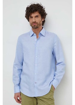 BOSS koszula lniana kolor niebieski regular z kołnierzykiem klasycznym ze sklepu ANSWEAR.com w kategorii Koszule męskie - zdjęcie 169407045