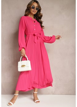Różowa Rozkloszowana Sukienka Maxi Plisowana Wiązana w Pasie Terilla ze sklepu Renee odzież w kategorii Sukienki - zdjęcie 169421227