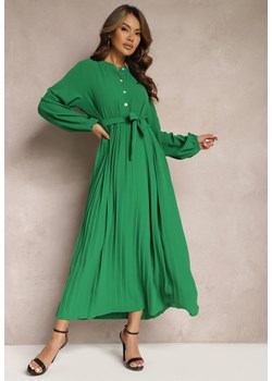 Zielona Rozkloszowana Sukienka Maxi Plisowana Wiązana w Pasie Terilla ze sklepu Renee odzież w kategorii Sukienki - zdjęcie 169421237