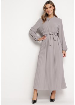 Ciemnoszara Rozkloszowana Sukienka Maxi z Plisowanym Dołem i Wiązanym Paskiem Nollira ze sklepu Born2be Odzież w kategorii Sukienki - zdjęcie 169421485
