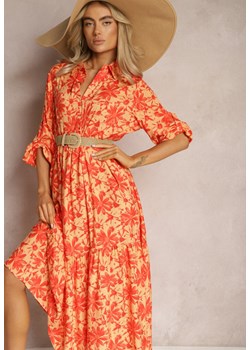 Pomarańczowa Rozkoszowana Sukienka z Koszulową Górą i Wzorem w Kwiaty Nealavin ze sklepu Renee odzież w kategorii Sukienki - zdjęcie 169431445