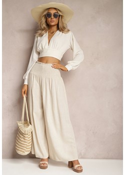 Beżowe Szerokie Spodnie Culottes z Bawełny z Gumką w Talii Ifletia ze sklepu Renee odzież w kategorii Spodnie damskie - zdjęcie 169431485
